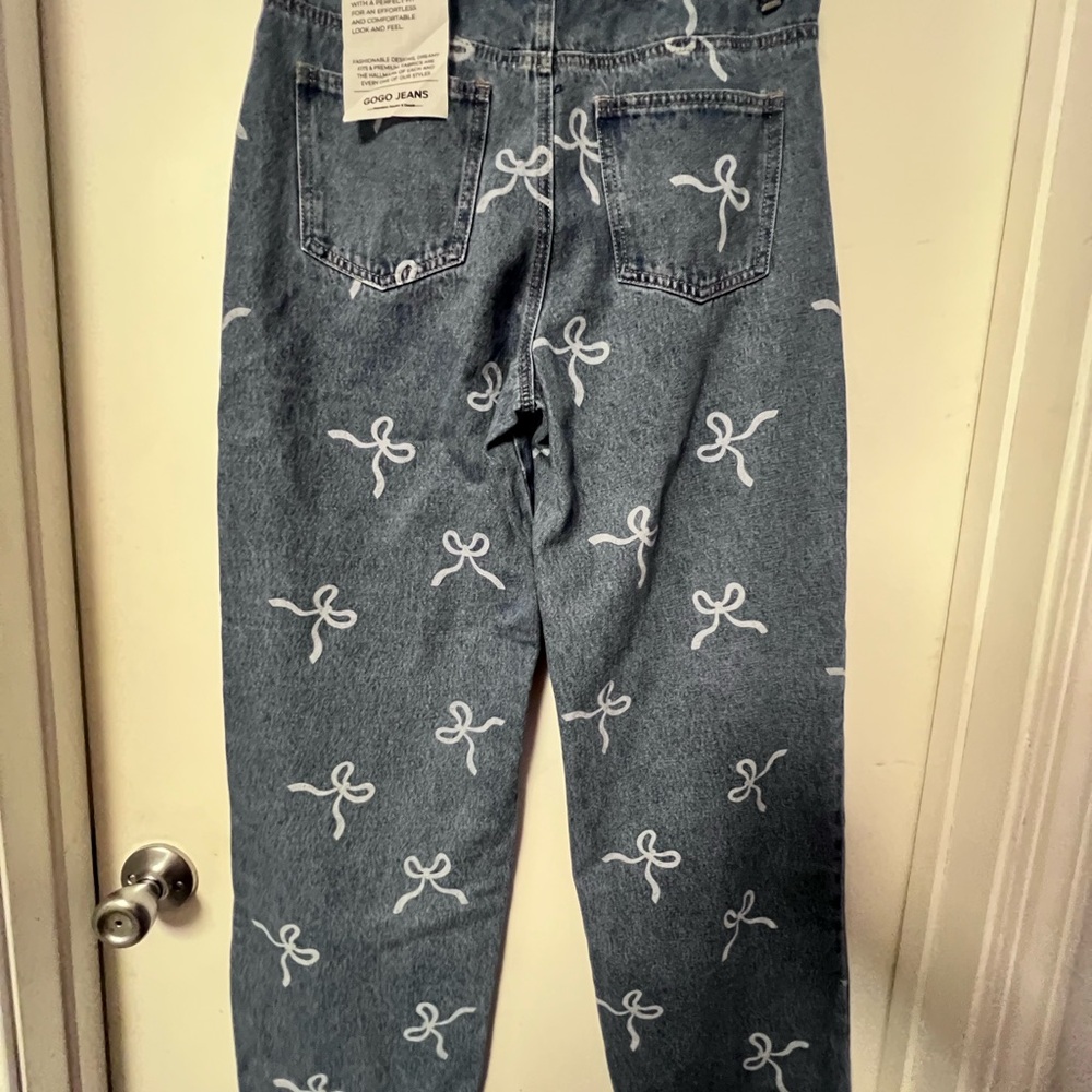 GOGO Blue Straight Leg Pants with White Bow Print - Picture 3 of 10